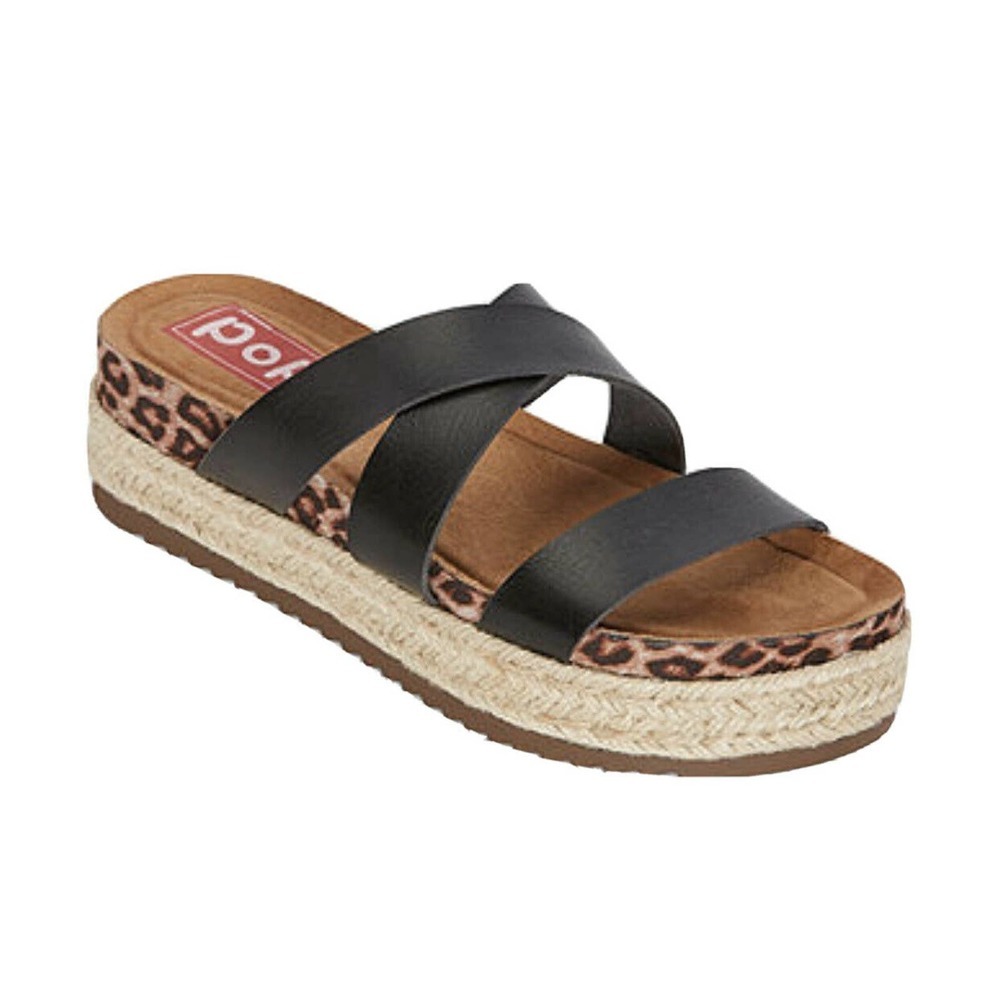 NEW Womens Pop Fanatic Black Leopard Animal Print Criss Cross Slide Sandals